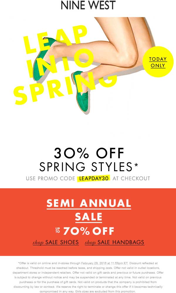 Nine West Coupon March 2024 30% off spring styles today at Nine West, or online via promo code LEAPDAY30