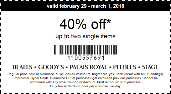 Stage Coupon May 2024 40% off a couple items at Bealls, Goodys, Palais Royal, Peebles & Stage stores