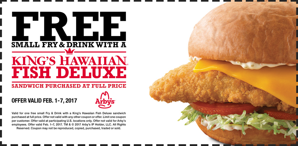 Arbys Coupon March 2024 Free fries & drink with your fish deluxe at Arbys