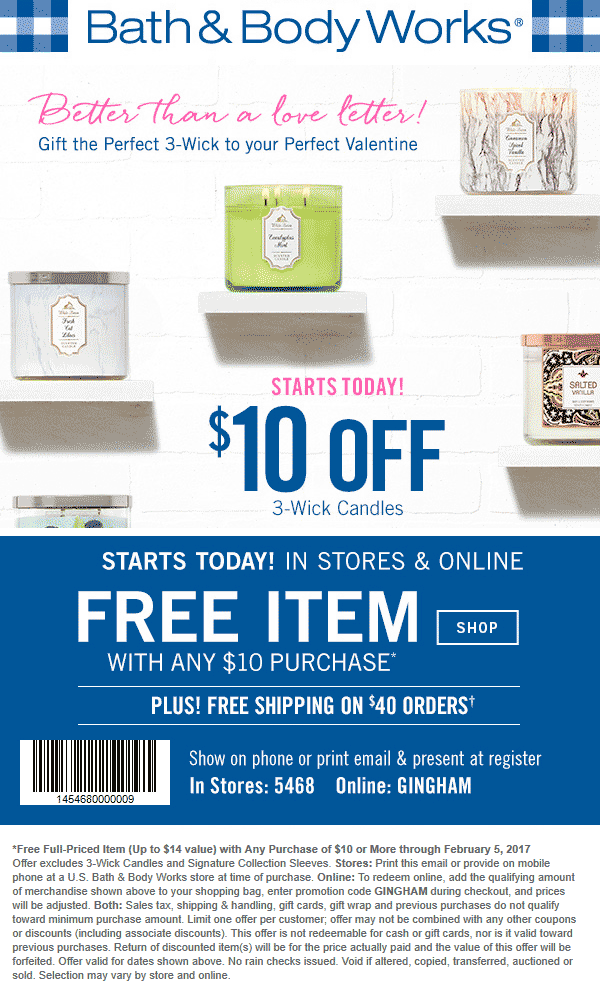 Bath & Body Works Coupon April 2024 $14 item free with $10 spent at Bath & Body Works, or online via promo code GINGHAM