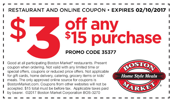 Boston Market Coupon April 2024 $3 off $15 at Boston Market restaurants