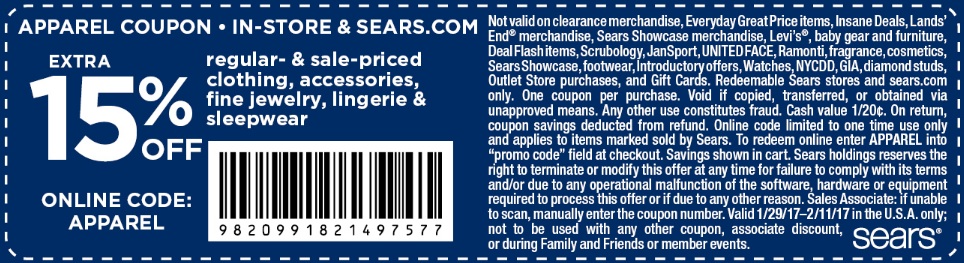 Sears Coupon April 2024 15% off apparel at Sears, or online via promo code APPAREL