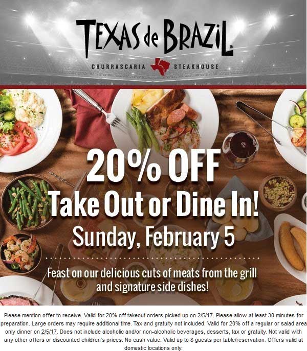 Texas de Brazil Coupon March 2024 20% off Sunday at Texas de Brazil steakhouse