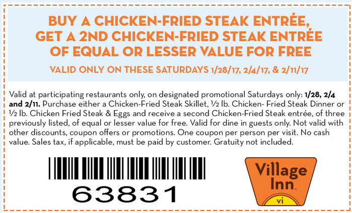 Village Inn Coupon April 2024 Second chicken fried steak free today at Village Inn restaurants