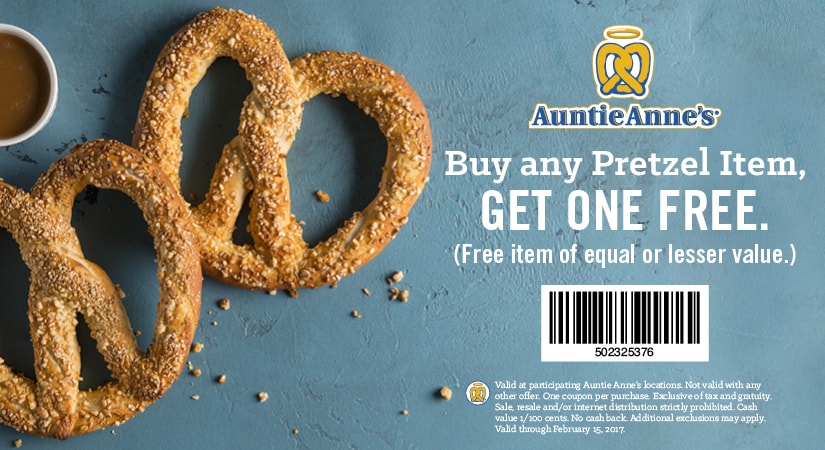 Auntie Annes Coupon March 2024 Second pretzel free at Auntie Annes