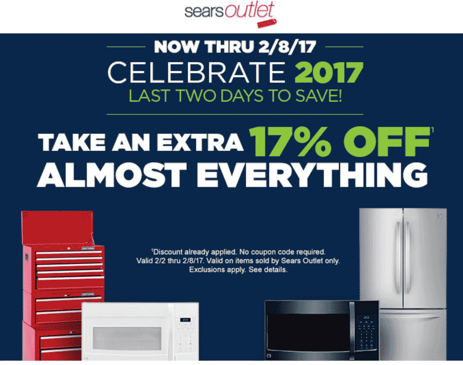 Sears Outlet Coupon April 2024 Extra 17% off at Sears Outlet, ditto online