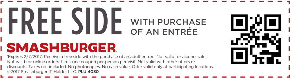 Smashburger Coupon March 2024 Free side with your entree today at Smashburger