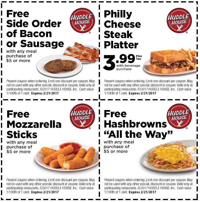 Huddle House Coupon April 2024 Free mozzarella sticks, sausage or hashbrowns with $5 spent at Huddle House restaurants