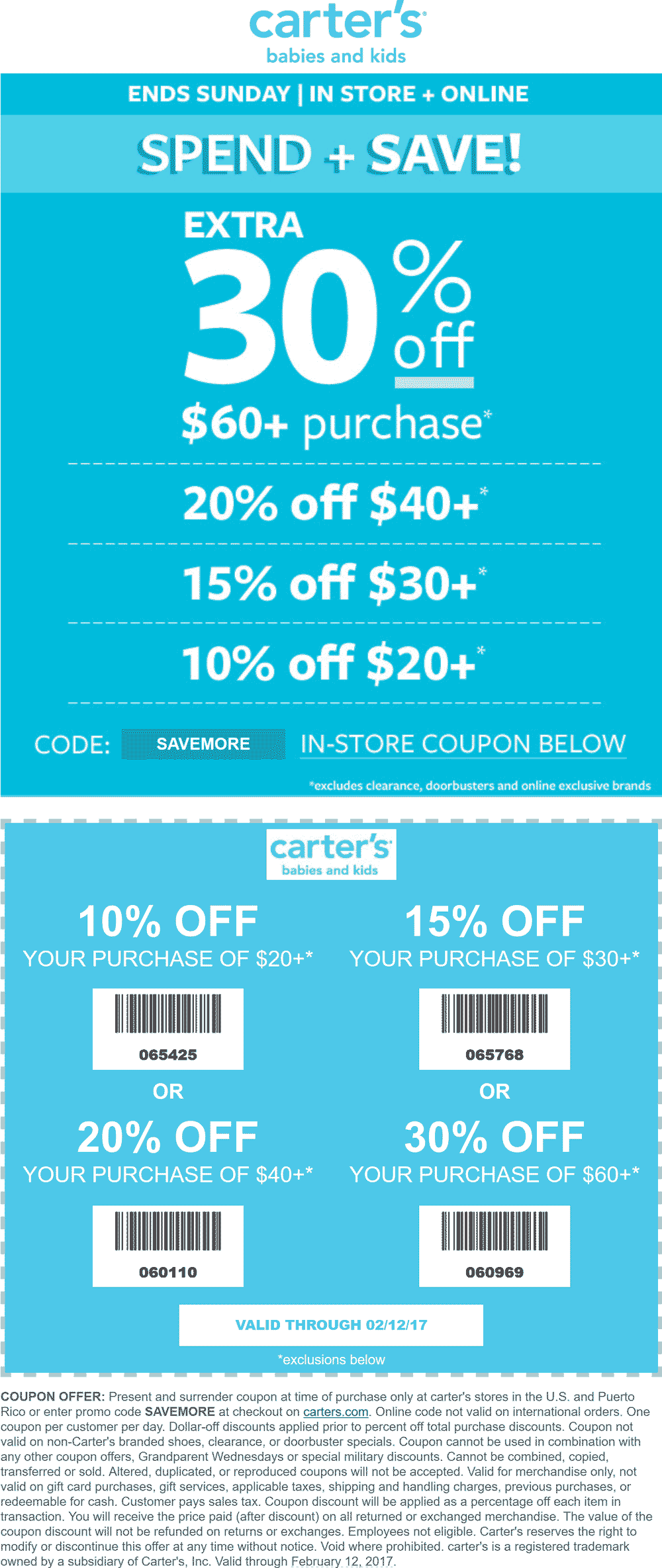 Carters Coupon April 2024 10-30% off $20+ at Carters, or online via promo code SAVEMORE
