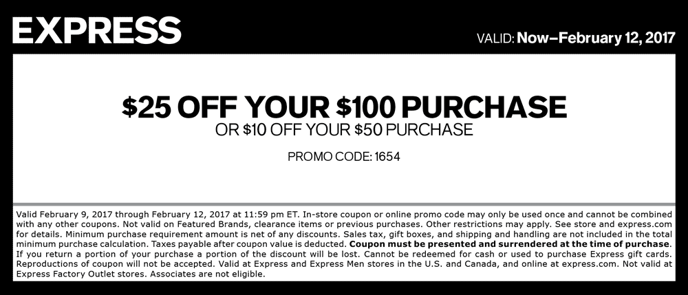 Express Coupon April 2024 $10 off $50 & more at Express, or online via promo code 1654