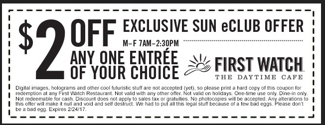 First Watch Coupon May 2024 $2 off an entree at First Watch daytime cafe