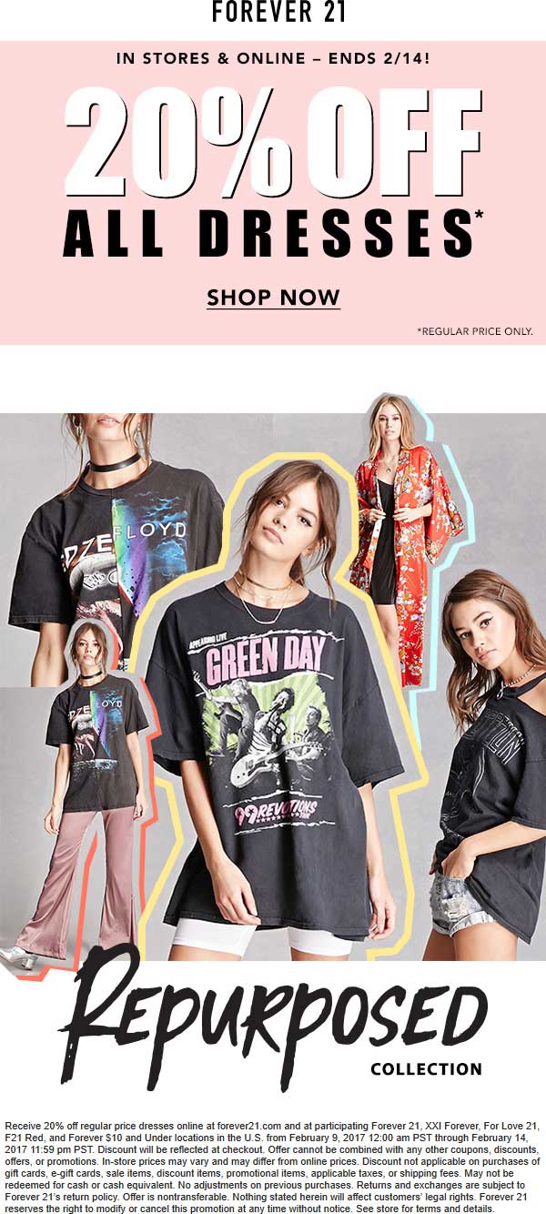 Forever 21 Coupon April 2024 20% off dresses at Forever 21, ditto online