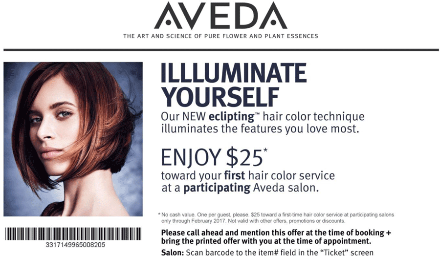 Aveda Coupon May 2024 $25 off hair coloring at Aveda salons