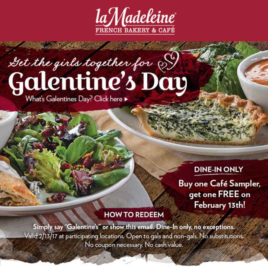 la Madeleine Coupon March 2024 Second cafe sampler free Monday at la Madeleine bakery