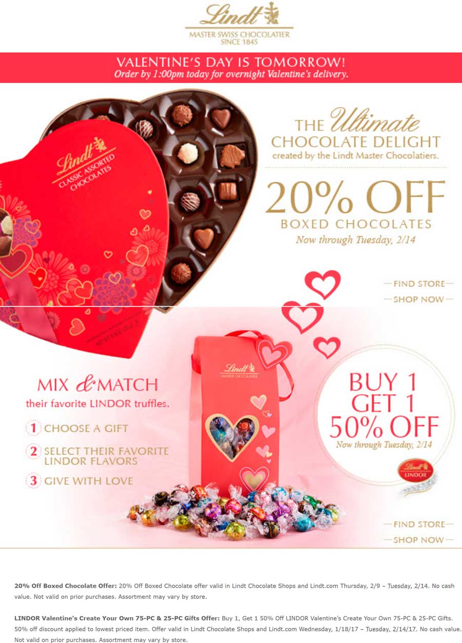 Lindt Coupon April 2024 20% off boxed chocolates at Lindt, ditto online