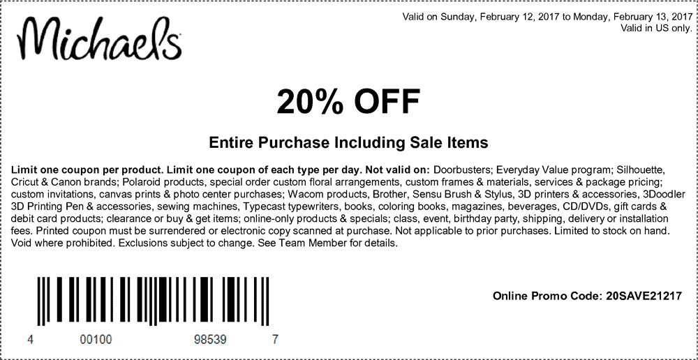 Michaels Coupon April 2024 20% off everything today at Michaels, or online via promo code 20SAVE21217