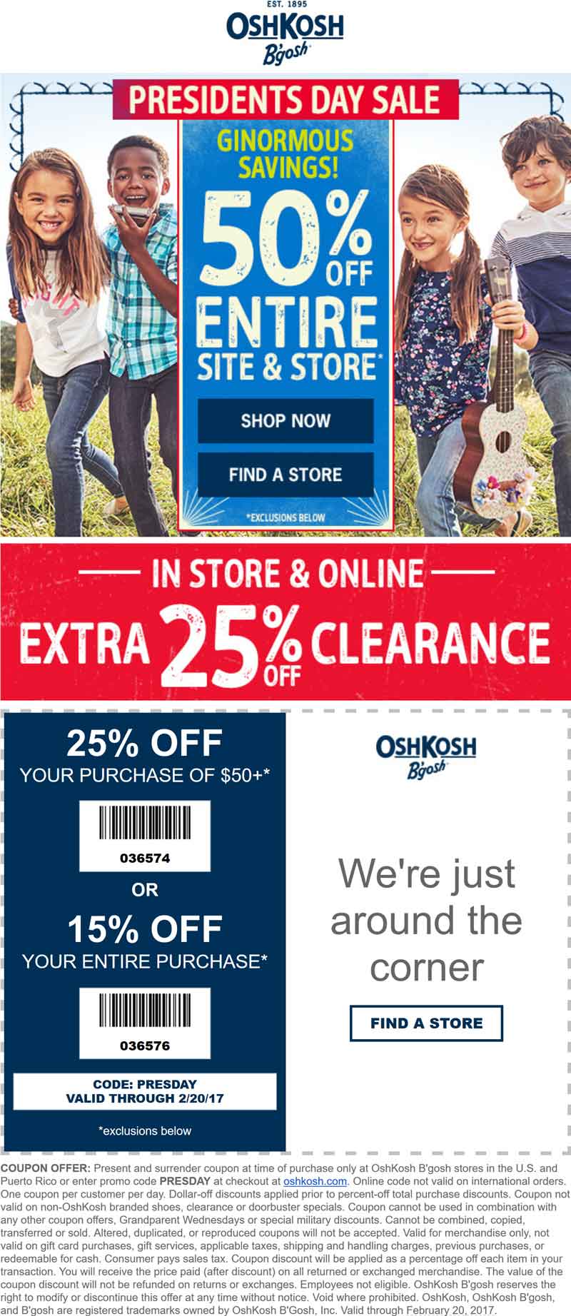 OshKosh Bgosh Coupon April 2024 50% off the store + another 15-25% off at OshKosh Bgosh, or online via promo code PRESDAY