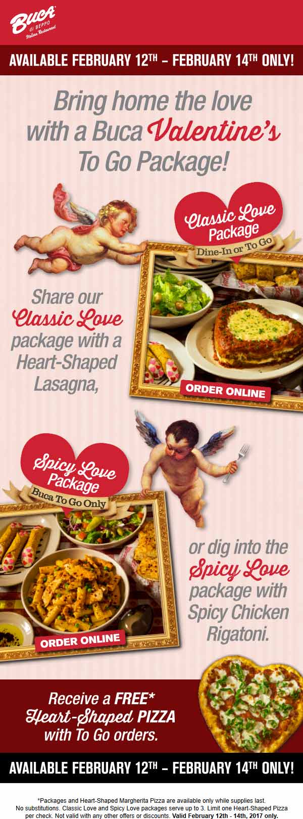 Buca di Beppo Coupon April 2024 Free heart shaped pizza with your takeout today at Buca di Beppo restaurants