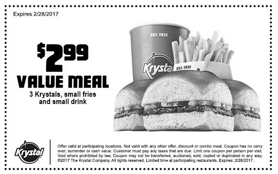 Krystal Coupon April 2024 3 burgers + fries + drink = $3 at Krystal