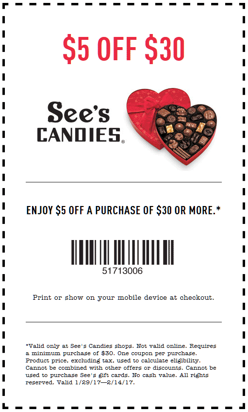 Sees Candies Coupon April 2024 $5 off $30 today at Sees Candies