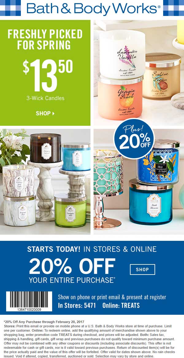 Bath & Body Works Coupon April 2024 20% off at Bath & Body Works, or online via promo code TREATS