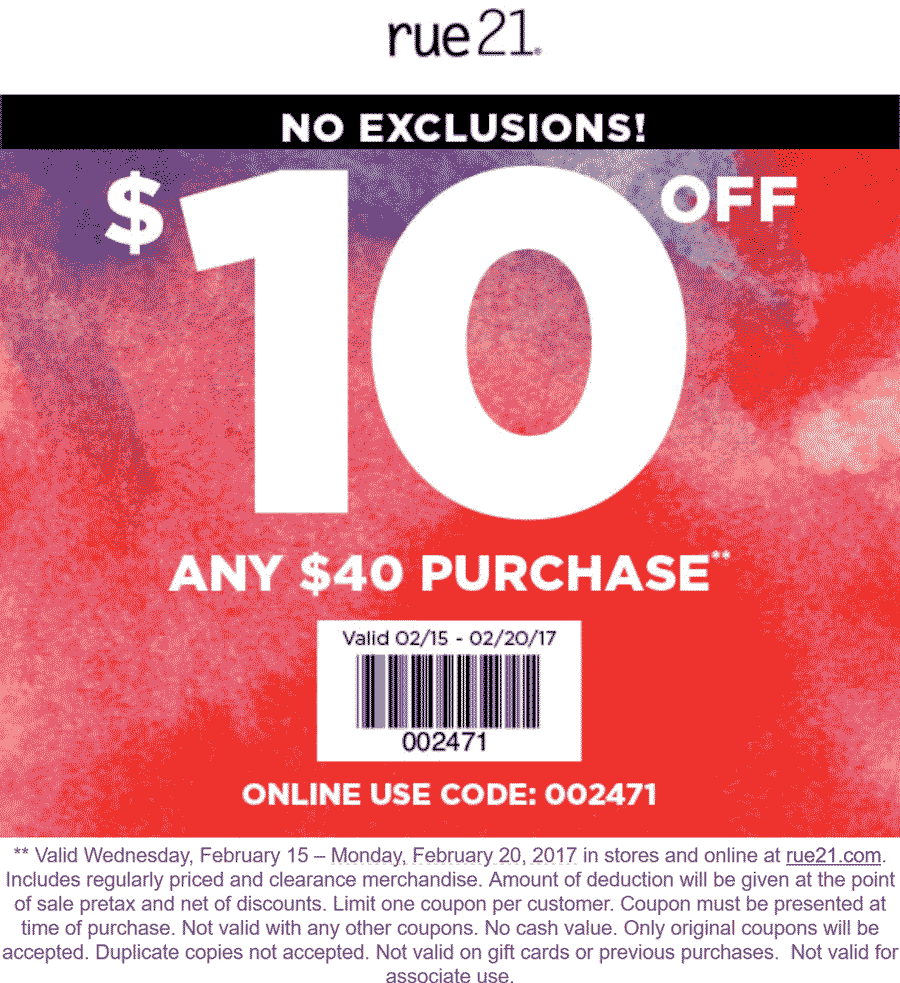 Rue21 Coupon April 2024 $10 off $40 at rue21, or online via promo code 002471