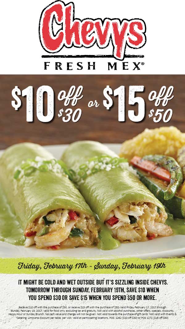 Chevys Coupon March 2024 $10 off $30 & more at Chevys Fresh Mex restaurants