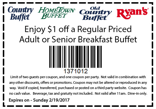 Hometown Buffet Coupon April 2024 Shave a buck off breakfast at Ryans, Hometown Buffet & Old Country Buffet