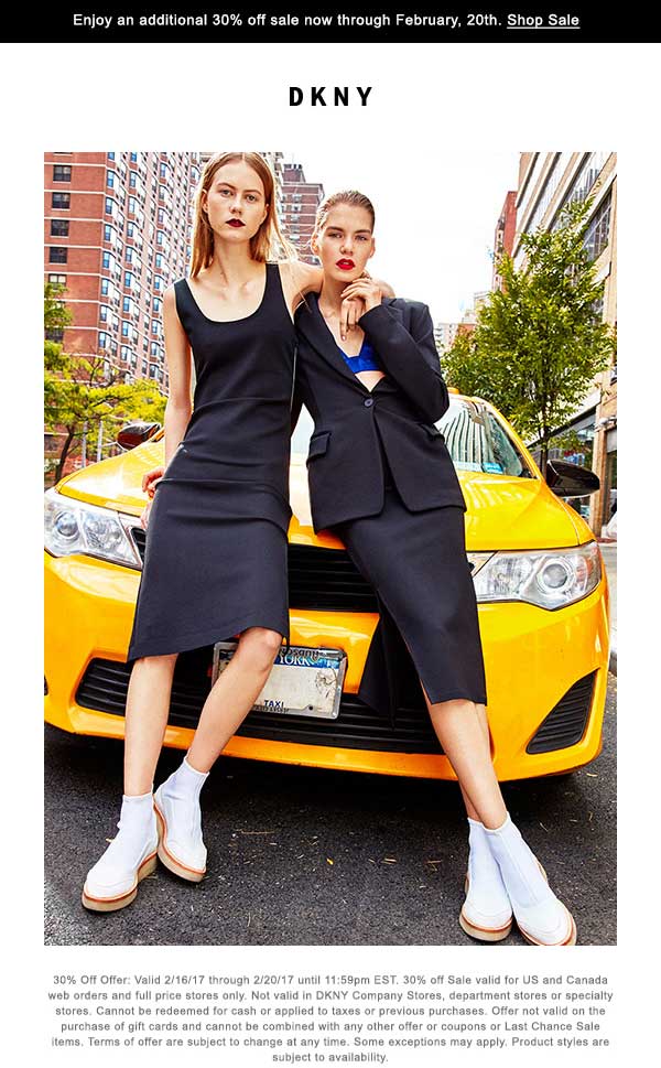 DKNY Coupon April 2024 Extra 30% off sale items at DKNY, ditto online