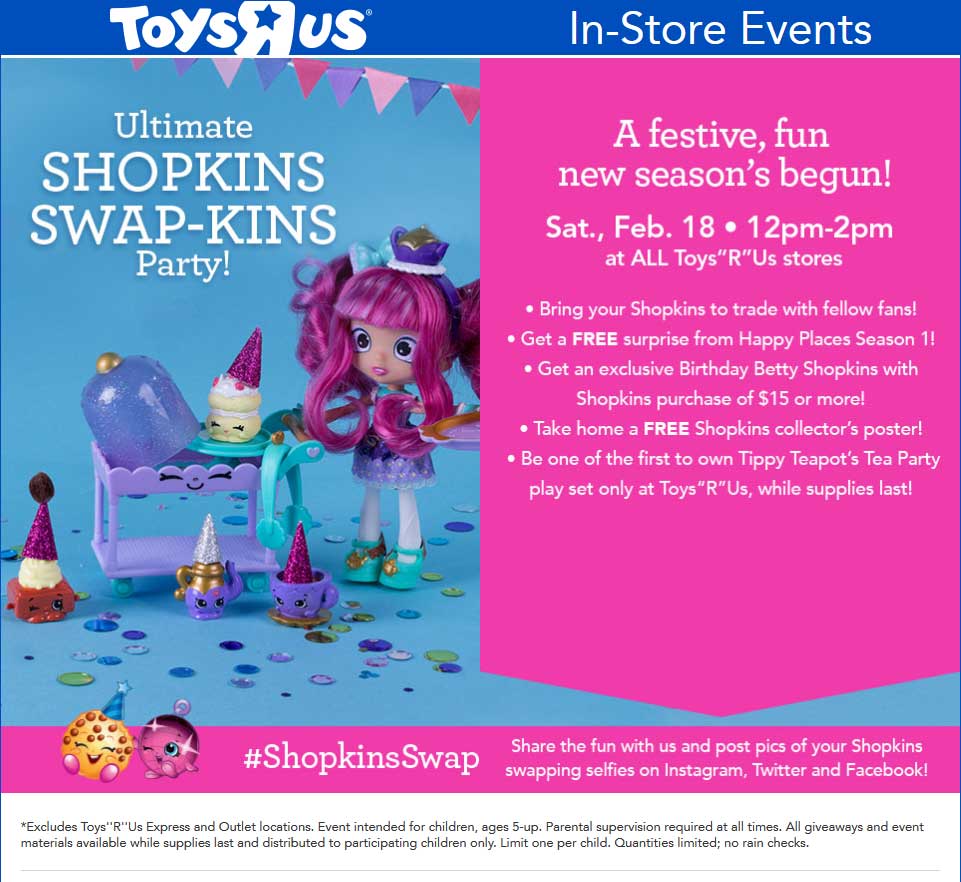 Toys R Us Coupon April 2024 Shopkins giveaway & trading event 12-2p today at Toys R Us