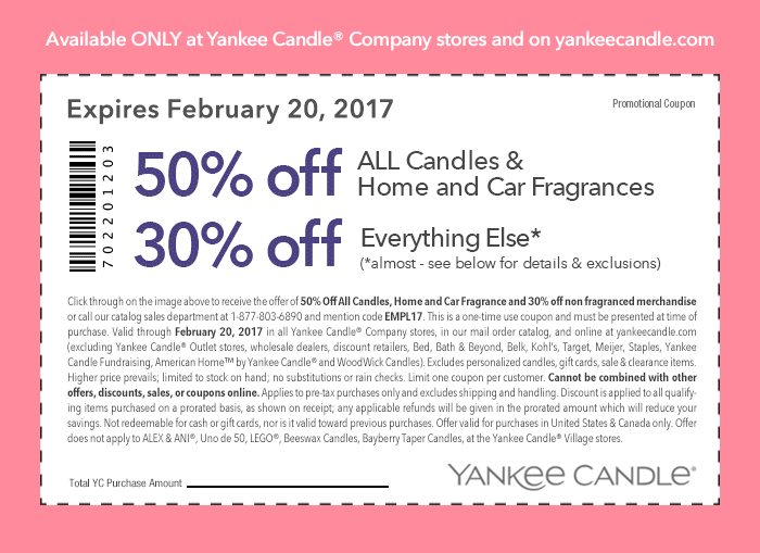 Yankee Candle Coupon April 2024 30-50% off everything at Yankee Candle, or online via promo code EMPL17