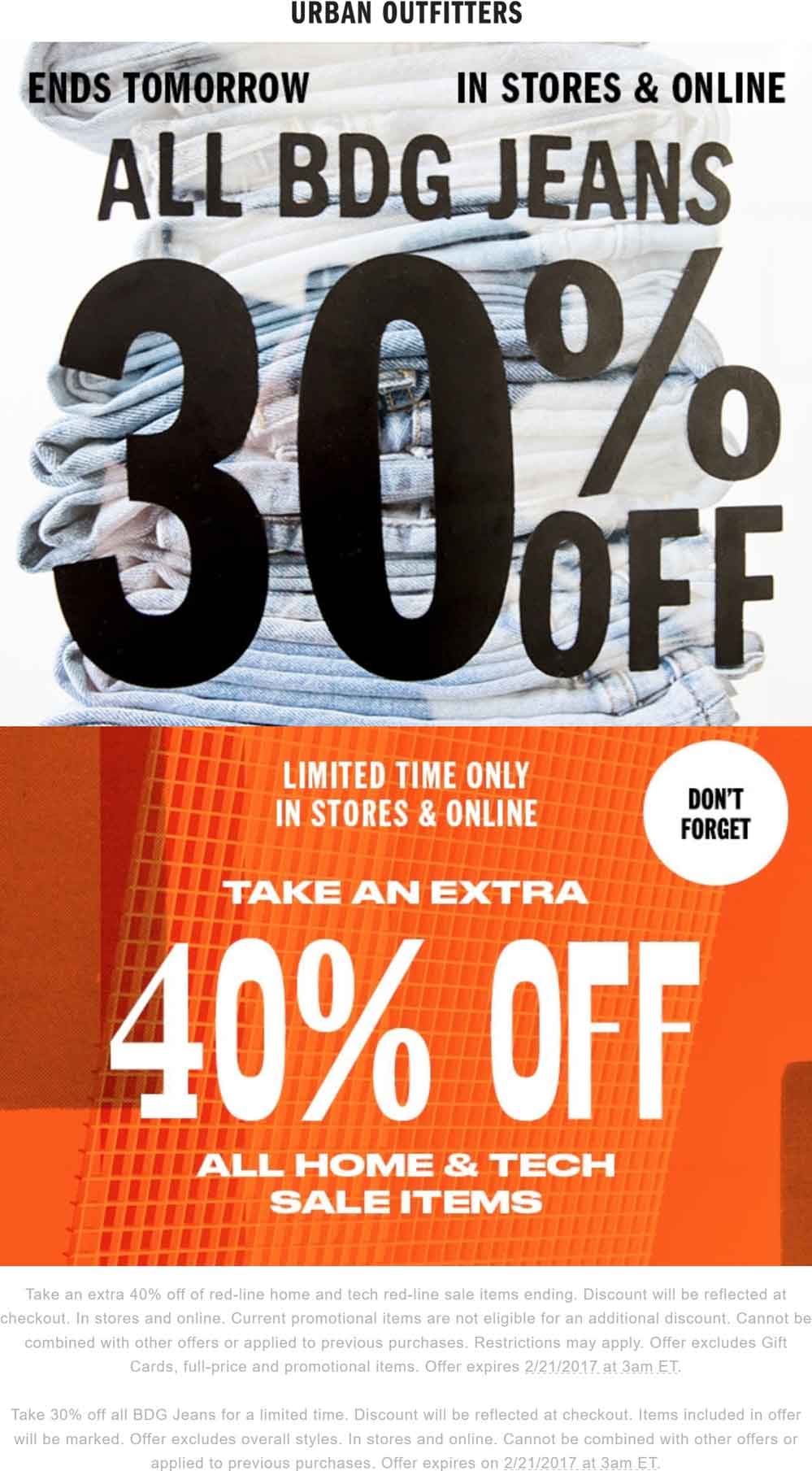 Urban Outfitters Coupon April 2024 Extra 40% off clearance home items & 30% off jeans at Urban Outfitters, ditto online
