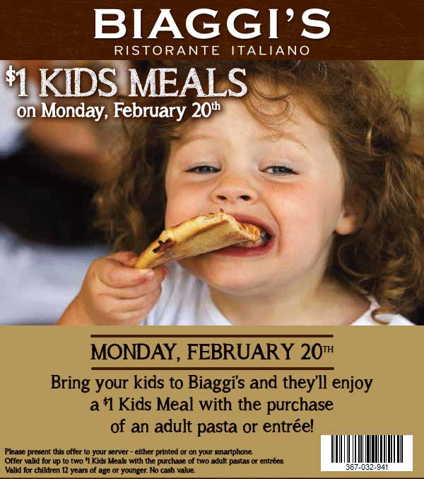 Biaggis Coupon March 2024 $1 kids meals today at Biaggis
