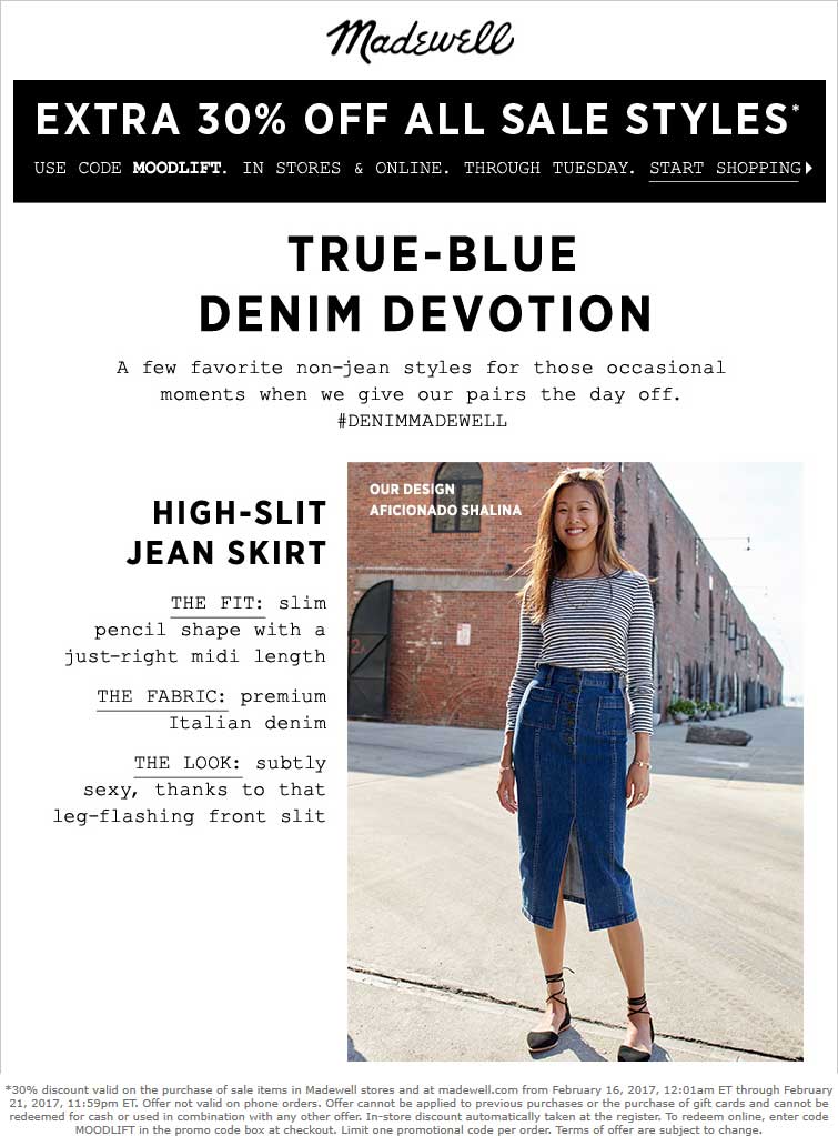 Madewell Coupon April 2024 Extra 30% off sale items at Madewell, or online via promo code MOODLIFT