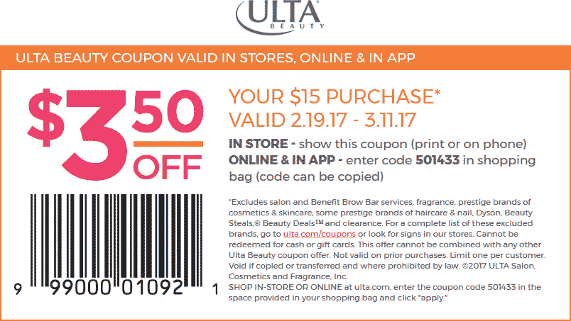 Ulta Beauty Coupon March 2024 $3 off $15 at Ulta Beauty, or online via promo code 501433