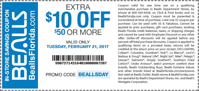 Bealls Coupon April 2024 $10 off $50 today at Bealls, or online via promo code BEALLSDAY