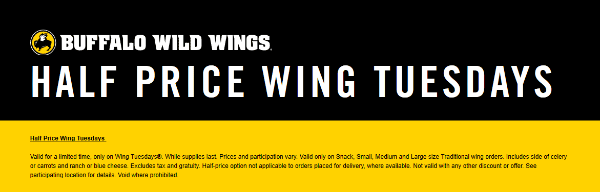 Buffalo Wild Wings Coupon April 2024 Wings are 50% off Tuesdays at Buffalo Wild Wings