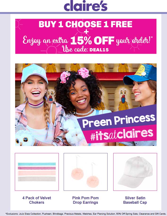 Claires Coupon April 2024 Second item free + 15% off online at Claires via promo code DEAL15