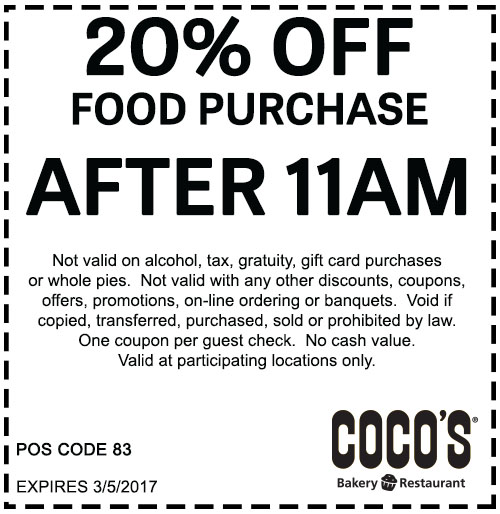 Cocos Coupon March 2024 20% off at Cocos bakery restaurant