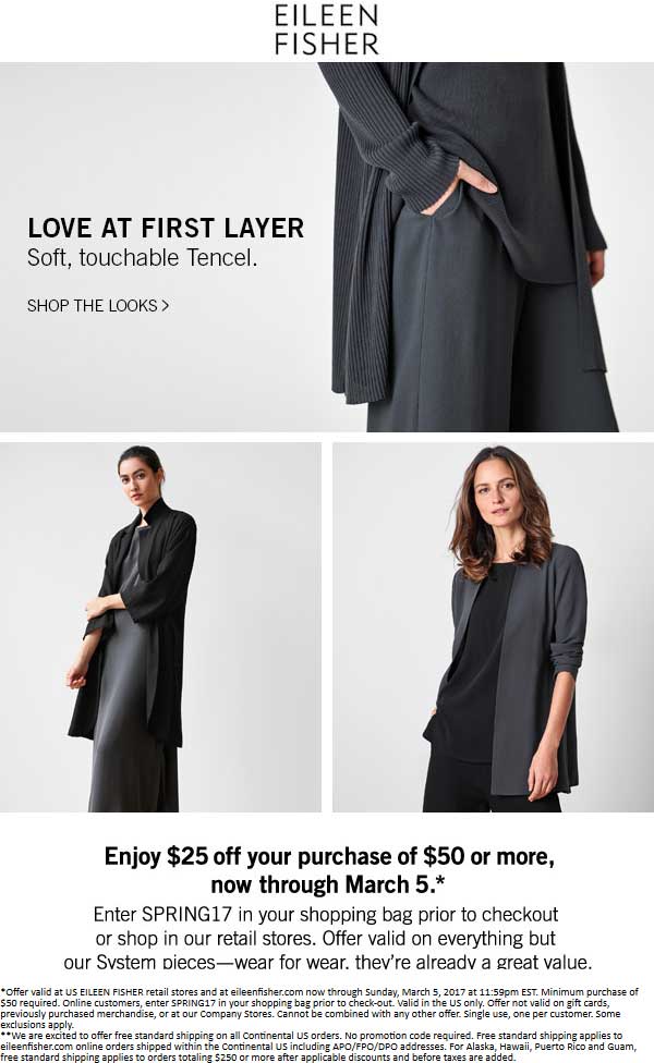 Eileen Fisher Coupon April 2024 $25 off $50 at Eileen Fisher, or online via promo code SPRING17