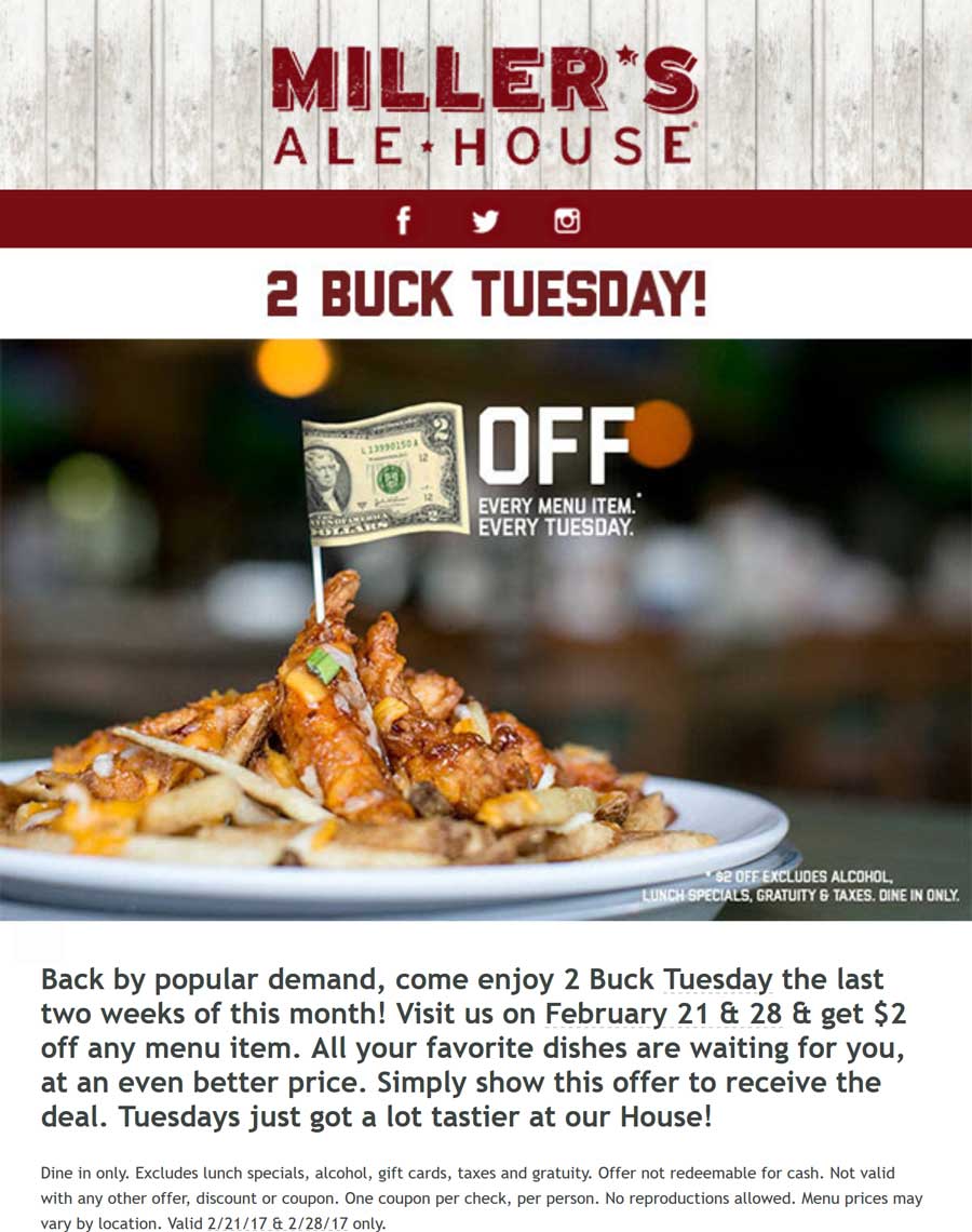 Millers Ale House Coupon April 2024 $2 off any item Tuesdays this month at Millers Ale House