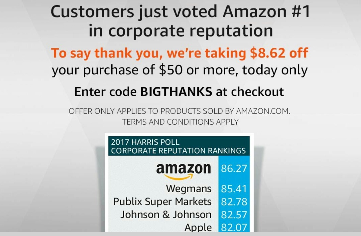 Amazon Coupon April 2024 $8 off $50 today at Amazon via promo code BIGTHANKS