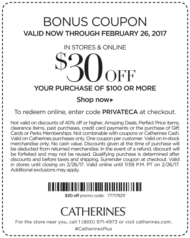 Catherines Coupon April 2024 $30 off $100 at Catherines, or online via promo code PRIVATECA