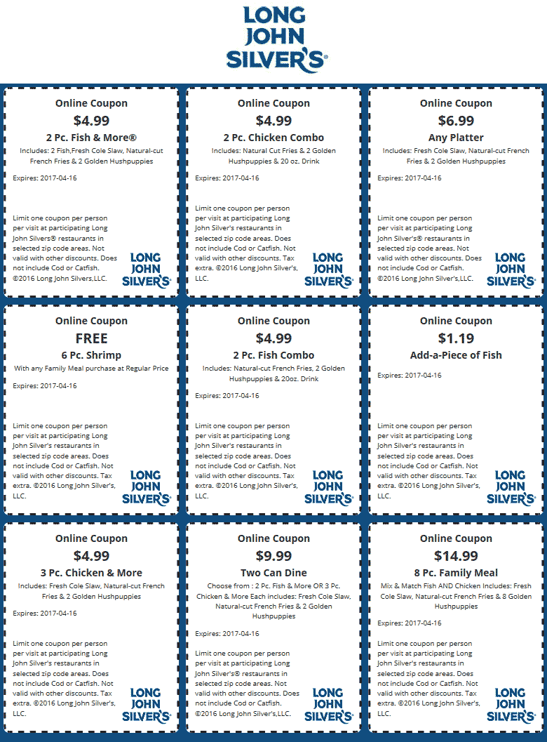 Long John Silvers Coupon March 2024 3pc chicken + slaw + fries + hushpuppies = $5 & more at Long John Silvers restaurants