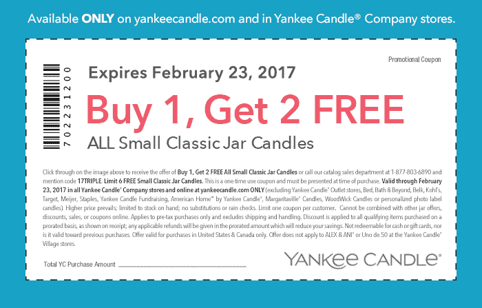 Yankee Candle Coupon April 2024 3-for-1 on small jar candles at Yankee Candle, or online via promo code 17TRIPLE