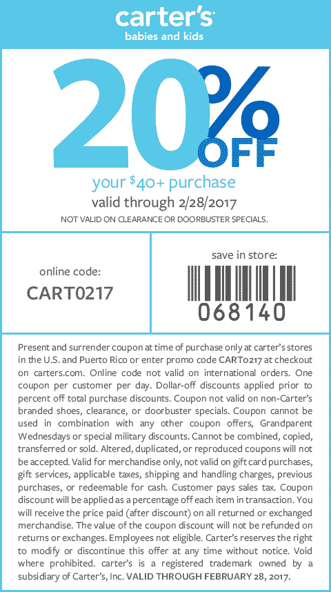 Carters Coupon April 2024 20% off $40 at Carters, or online via promo code CART0217