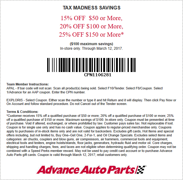 Advance Auto Parts Coupon May 2024 15-25% off $50+ at Advance Auto Parts