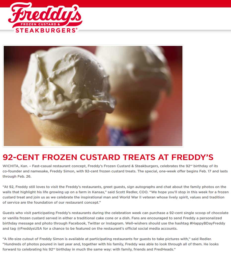 Freddys Coupon March 2024 .92 cent frozen custards at Freddys steakburger restaurants