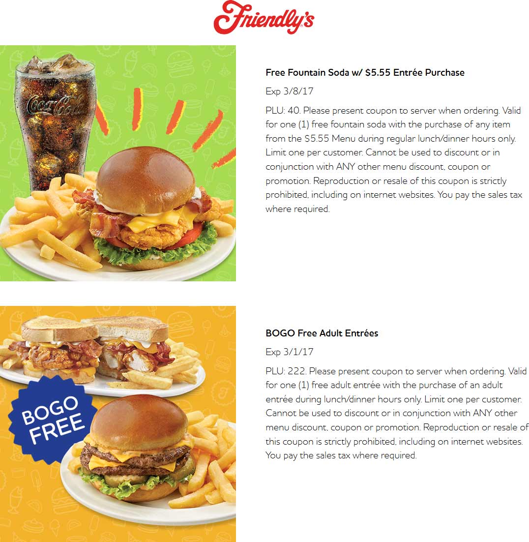 Friendlys Coupon March 2024 Second entree free & more at Friendlys