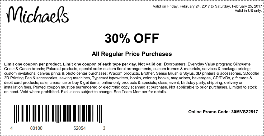Michaels Coupon March 2024 30% off at Michaels, or online via promo code 30MVS22517